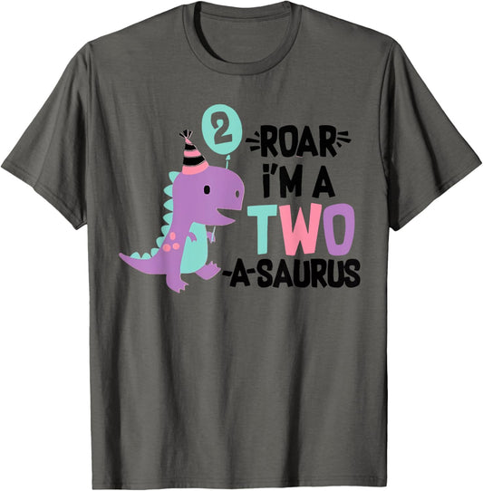 Roar Im A Two-A-Saurus Two Years Old Birthday Party Boy Girl T-Shirt