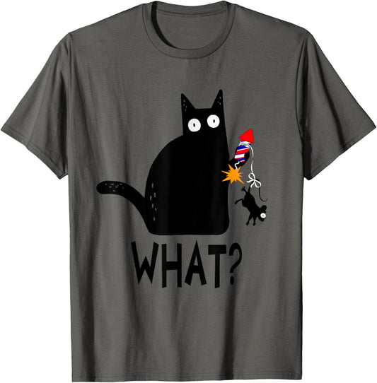 Cat What? Funny Black Cat With Mouse Fireworks T-Shirt