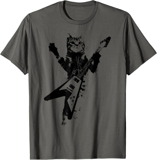Cat Playing Flying V Guitar Musician Cat Lover T-Shirt