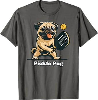 Pug Dad Pug Canine Playing Pickleball Funny Doggo Pickle Pug T-Shirt, Small, Grey