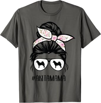 akita mom messy bun hair glasses akita mama T-Shirt