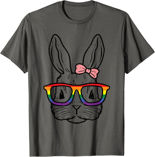 Bunny Rabbit Glasses Cute LGBTQ Rainbow Flag Gay Pride Ally T-Shirt