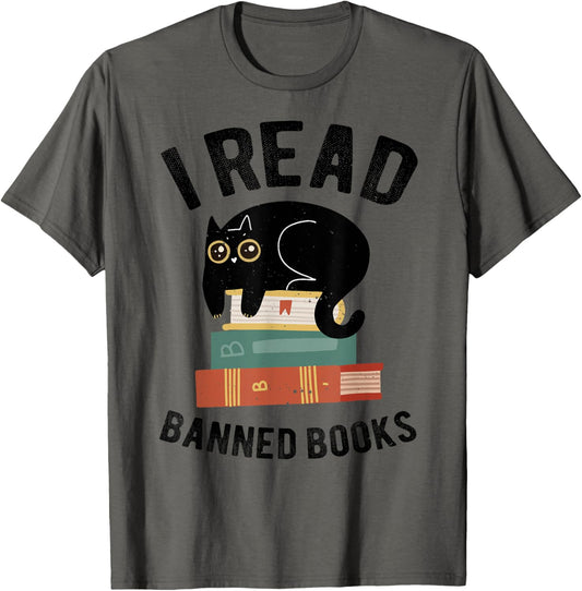 I Read Banned Books Librarians Black Cat Reader Bookworm T-Shirt