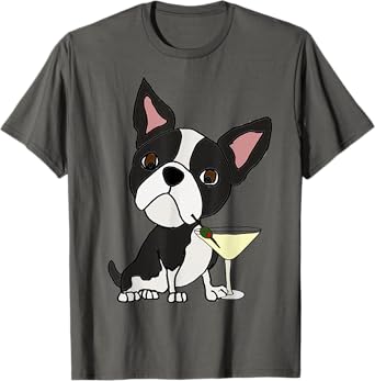 Smilemoreteesa Funny Boston Terrier Dog Drinking Martini T-Shirt for Men Women