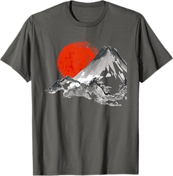 Japanese Rising Sun Over Mount Fuji Watercolor T Shirt T-Shirt