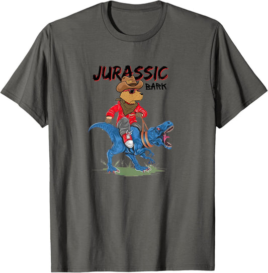 Jurassic Bark Funny Dog Riding Dinosaur Pun Dog Owners Jokes T-Shirt