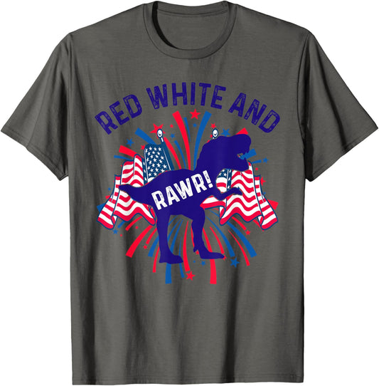 Red White & Rawr Shirt,Dinosaur Red White & Blue 4th of July T-Shirt