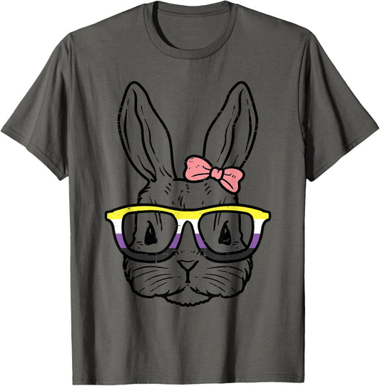 Bunny Rabbit Glasses Cute LGBTQ Non-Binary Flag Genderqueer T-Shirt