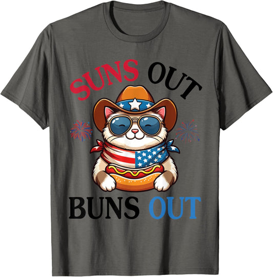 Ragdoll Cat With Hotdog Fireworks US Flag Suns Out Buns Out T-Shirt