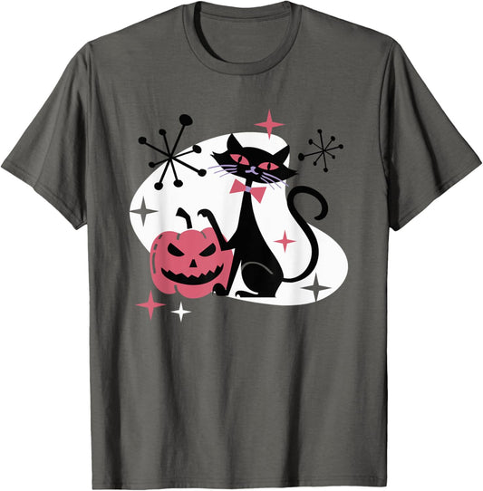 Mid Century Retro Black Cat Pumpkin Halloween T-Shirt