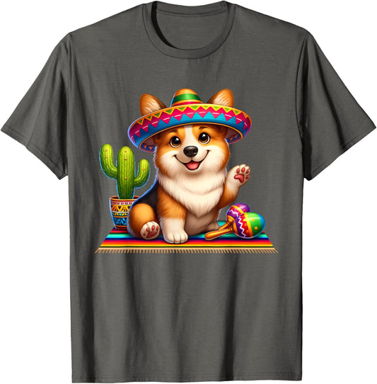 Funny Cute Corgi Saying Hi Cinco De Mayo Sombrero Maracas T-Shirt