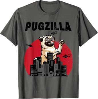 Pugzilla Funny Giant Pug Puppy in Classic Horror Japan City T-Shirt