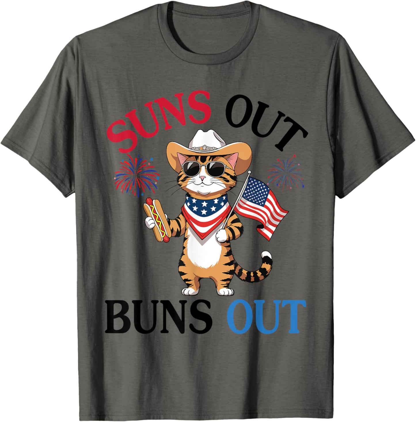Ocicat Cat With Hotdog Fireworks US Flag Suns Out Buns Out T-Shirt