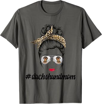 Dachshund Dog Mom Messy Bun Leopard Women Puppy Pet Lover T-Shirt