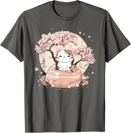 Cherry Blossom Tree Cat Japanese Aesthetic Vaporwave Anime T-Shirt