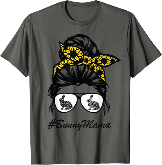 Bunny Mama messy bun sunflower, rabbit mom messy bun hair T-Shirt