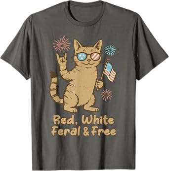 Red White Feral and Free Cat Funny Fourth of July Kids Tees T-Shirt