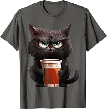 Cute Black Cat drinking coffee cup - Grumpy angry black cat Men Women Kids T-Shirt