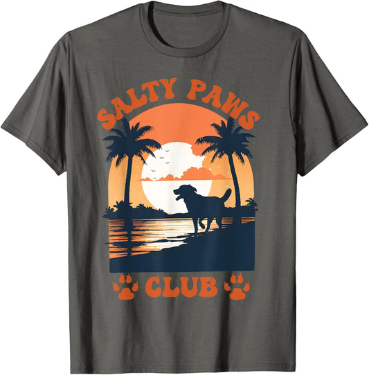 Retro Dog Beach Day Salty Paws Print Summer Ocean Sunset T-Shirt