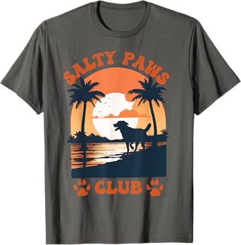 Retro Dog Beach Day Salty Paws Print Summer Ocean Sunset Men Women T-Shirt