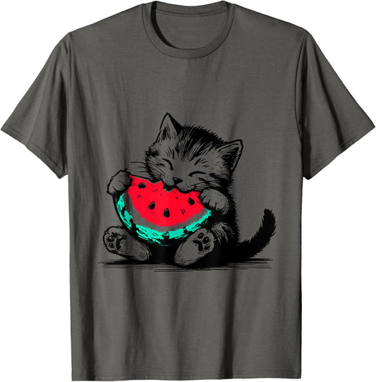 Cute And Adorable Cat Eating A Watermelon Birthday T-Shirt