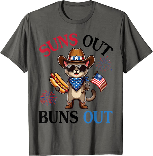Tonkinese Cat And Hotdog Fireworks US Flag Suns Out Buns Out T-Shirt