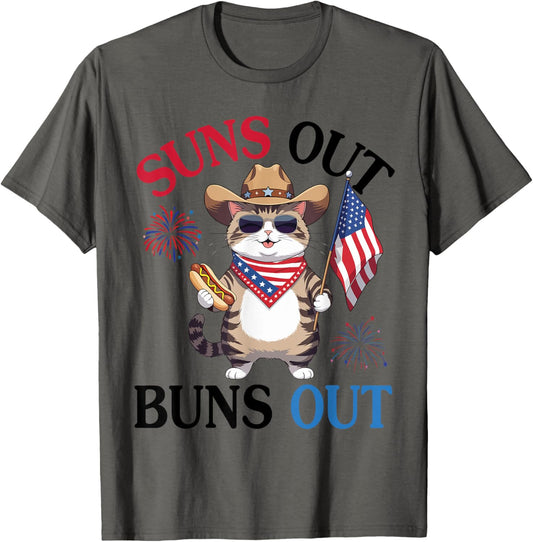 Burmese Cat With Hotdog Fireworks US Flag Suns Out Buns Out T-Shirt