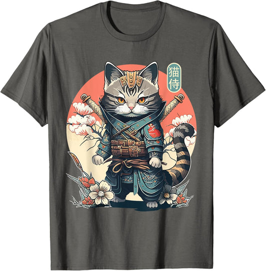 Japanese Samurai Cat Tattoo, Kawaii Ninja Cat Women, Girls T-Shirt