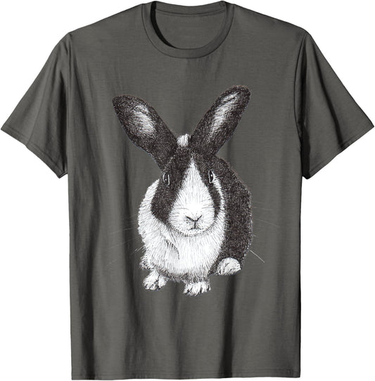 ChescaMade Dutch Bunny Rabbit Drawing T-Shirt - Women's Grey Rabbit Themed T-Shirt - Small - Classic Fit - Short Sleeve - Cotton, Polyester - Unique Rabbit Drawing Graphic