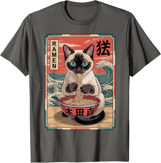 Anime Siamese Cat Eating Ramen Kawaii Japanese Noodles Funny T-Shirt