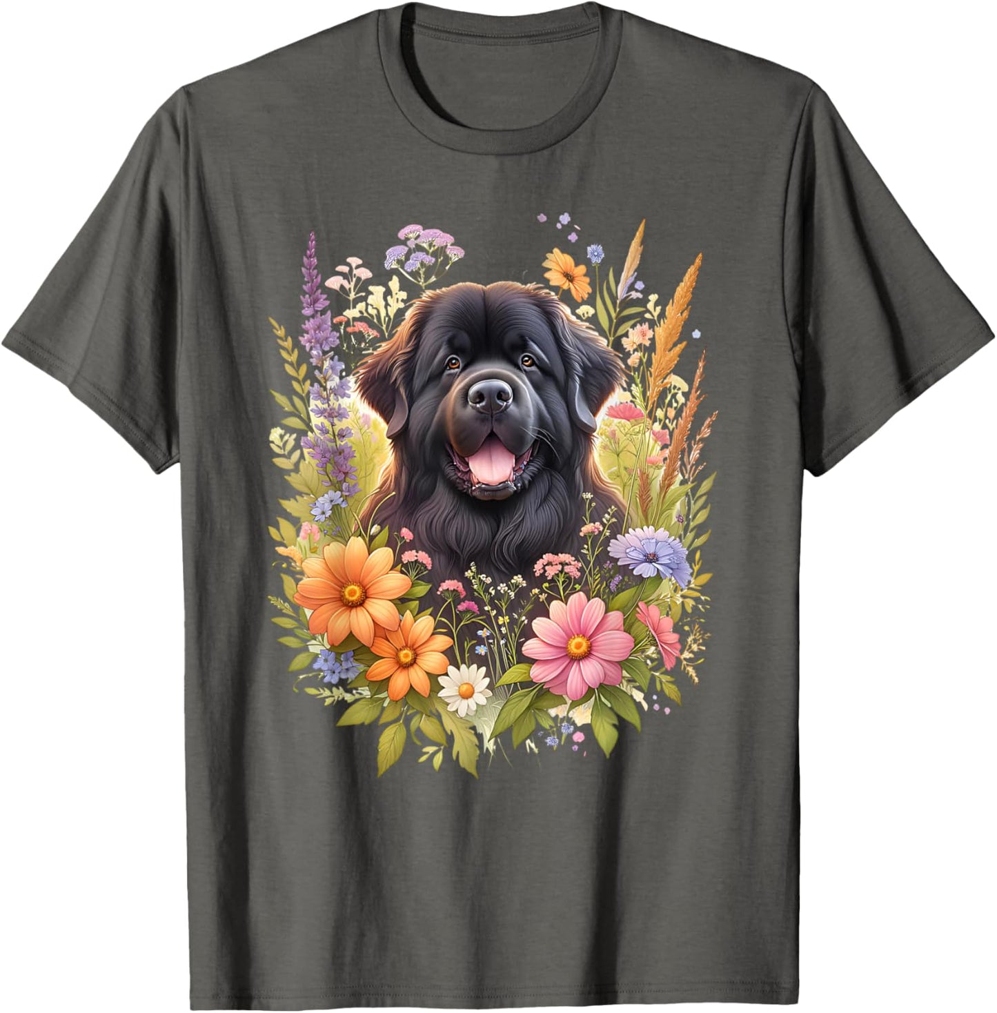 Newfoundland Dog Summer Wildflowers Artwork T-Shirt