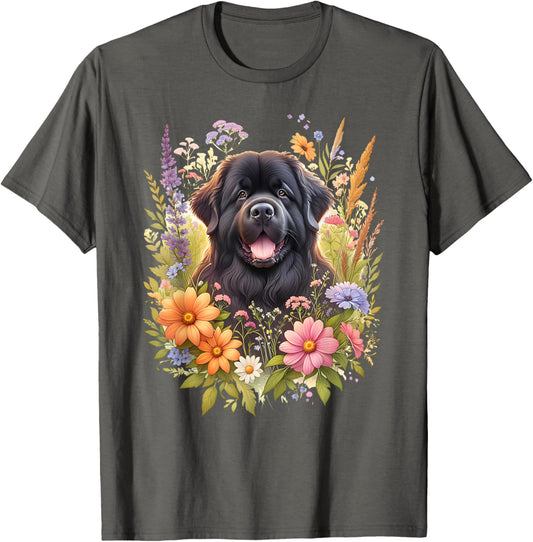 Newfoundland Dog Summer Wildflowers Artwork T-Shirt