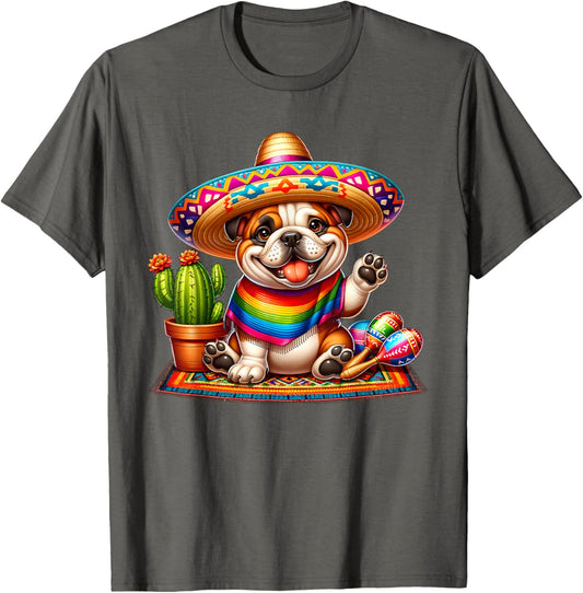 Funny Cute Bulldog Saying Hi Cinco De Mayo Sombrero Maracas T-Shirt