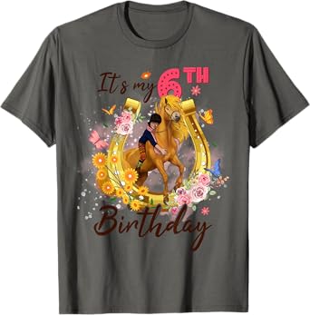 Kids Six Year Old 6th Birthday Girl Who Loves Horses Riding T-Shirt