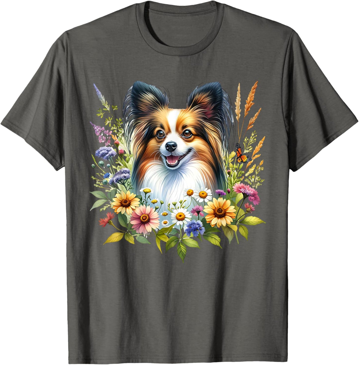 Papillon Dog Summer Wildflowers Cute Floral Artwork T-Shirt
