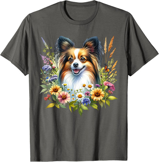 Papillon Dog Summer Wildflowers Cute Floral Artwork T-Shirt