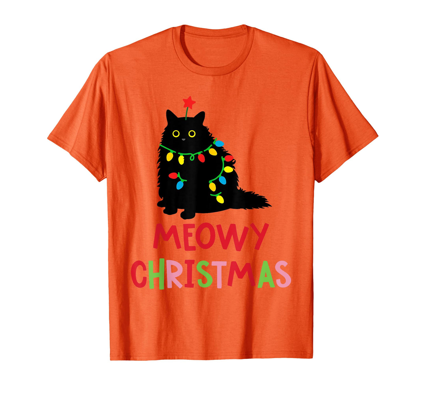 Meowy Christmas Funny Black Cat Christmas Lights Cat Lovers Men Women Kids T-Shirt