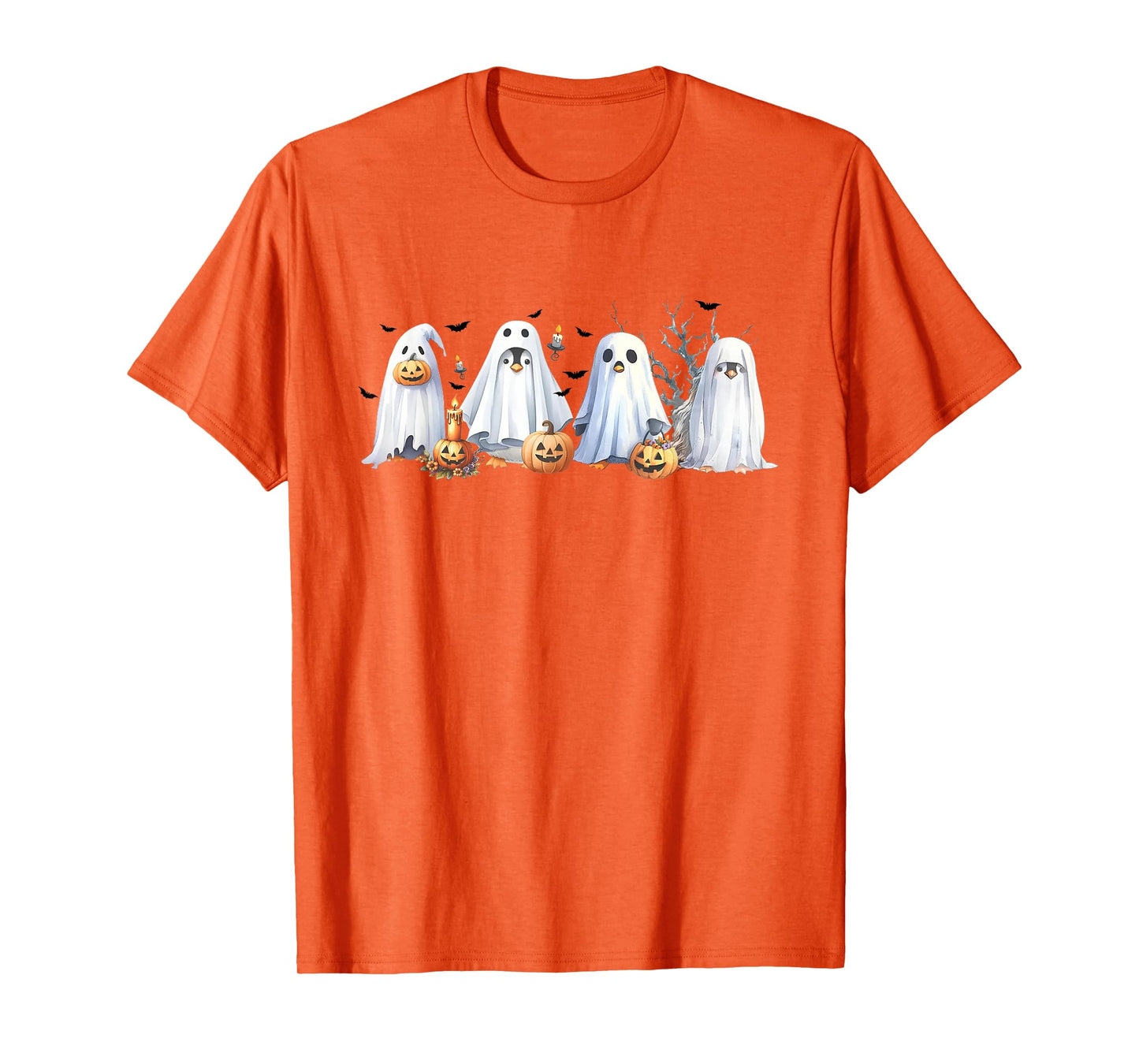 Funny Pumpkin Penguin Ghost Halloween Penguin Lover Womens T-Shirt