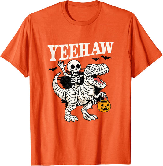 Western Skeleton Riding Dino Halloween Costume T-Shirt