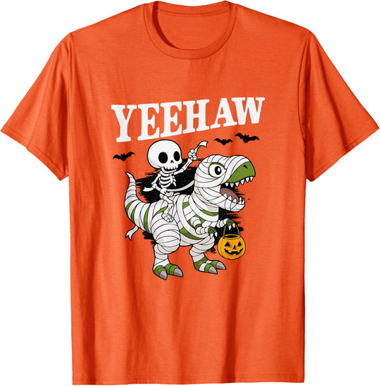 Dino Skeleton Rider Halloween Funny Pumpkin T-Shirt