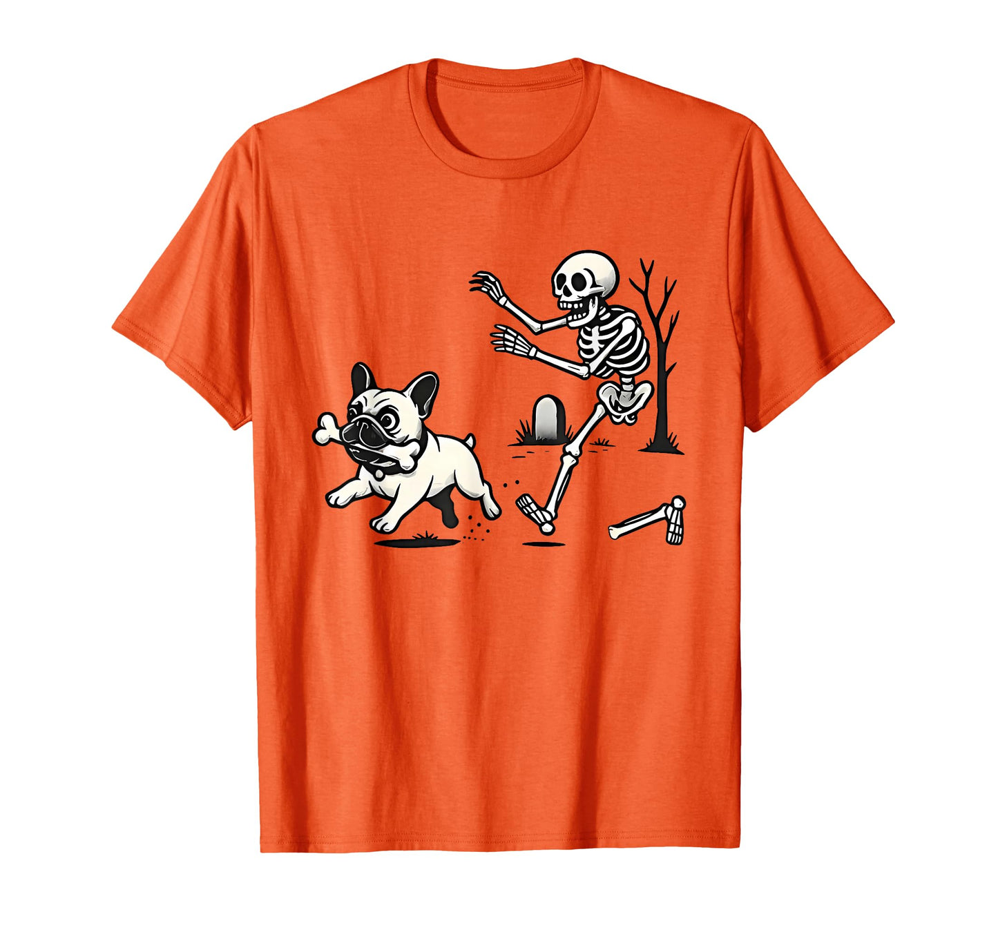 Skeleton Chasing French Bulldog Biting Leg Bone Halloween T-Shirt