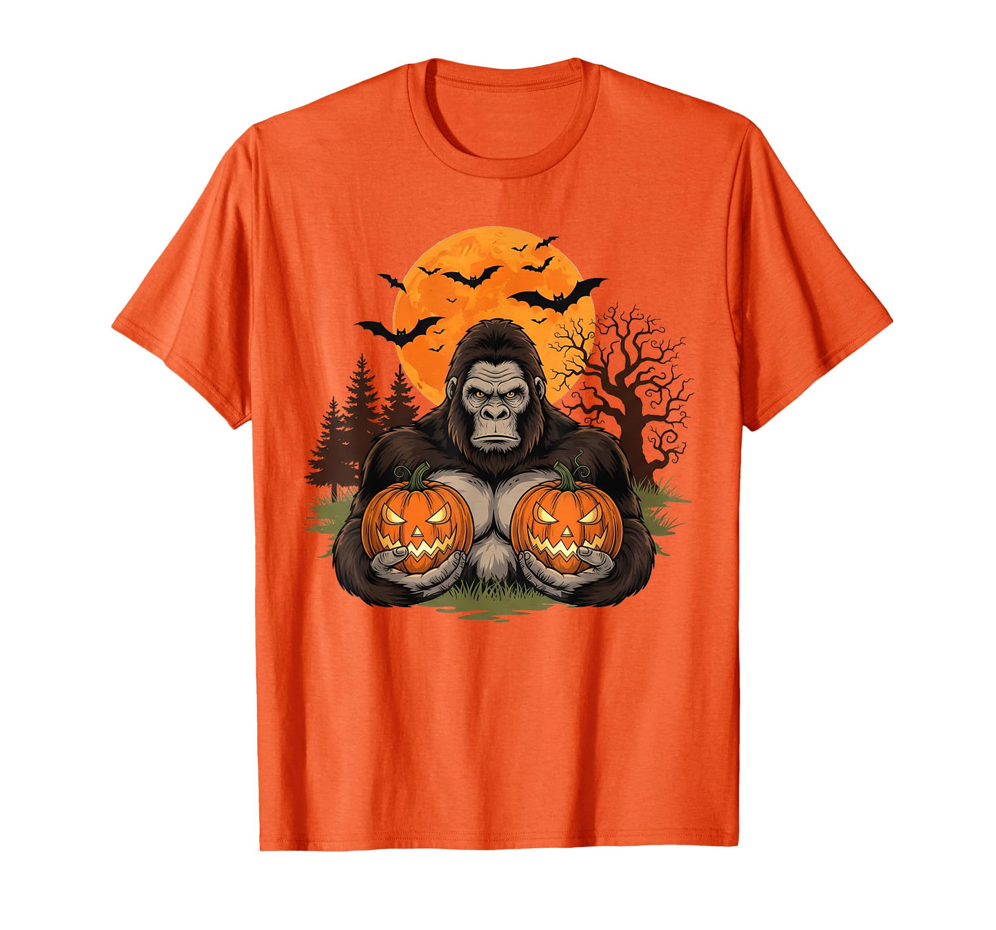 Spooky Halloween Bigfoot Pumpkin Moon Bats Men Women Kids T-Shirt