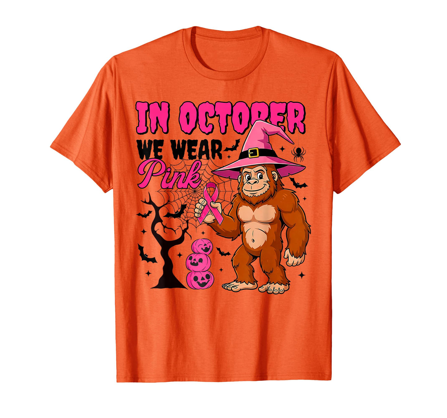 in October We Wear Pink Breast Cancer Awareness Bigfoot T-Shirt