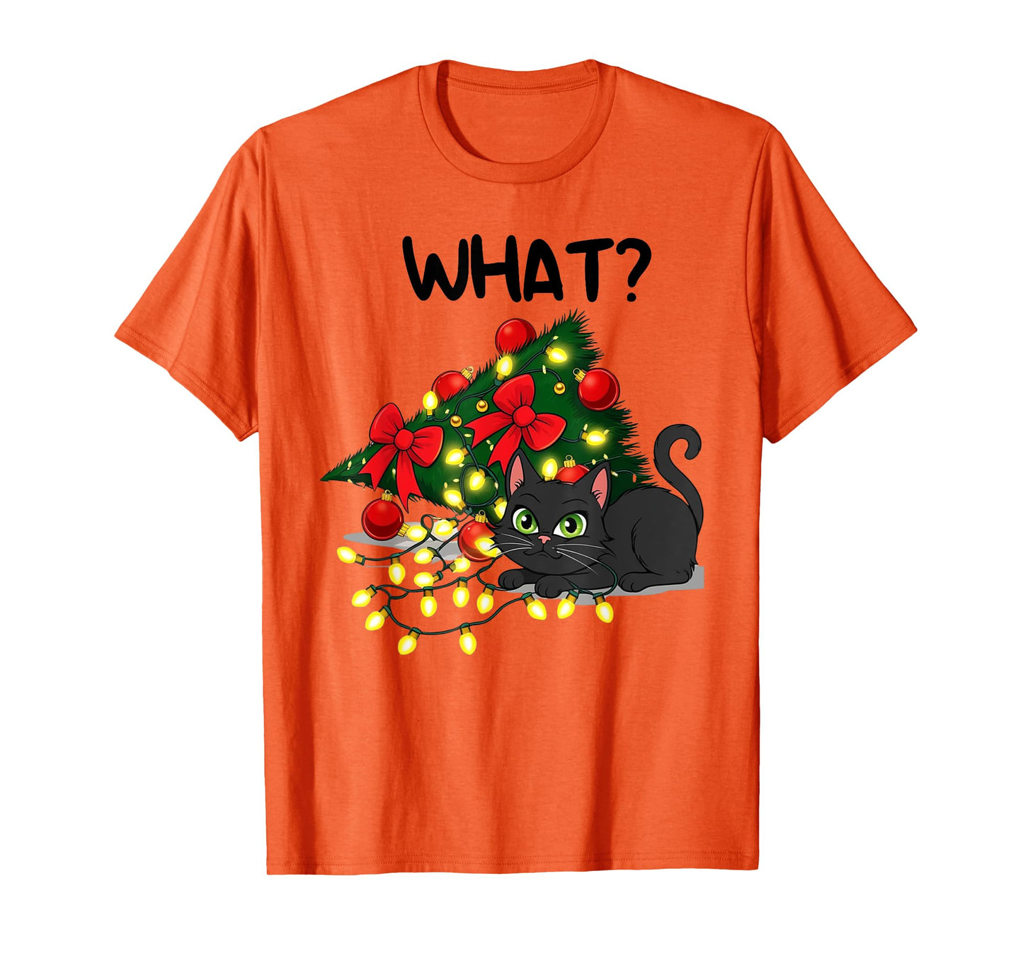 Funny Black Cat Pushing Christmas Tree Over Cat What? Xmas T-Shirt
