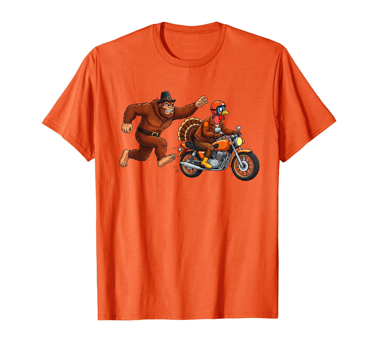 Funny Thanksgiving Turkey Motorcycle Bigfoot Chase Humor T-Shirt