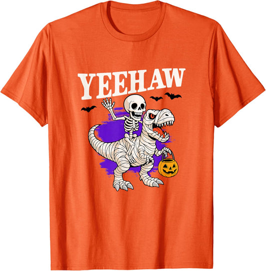 Yeehaw Skeleton Riding Mummy Dinosaur Halloween T-Shirt