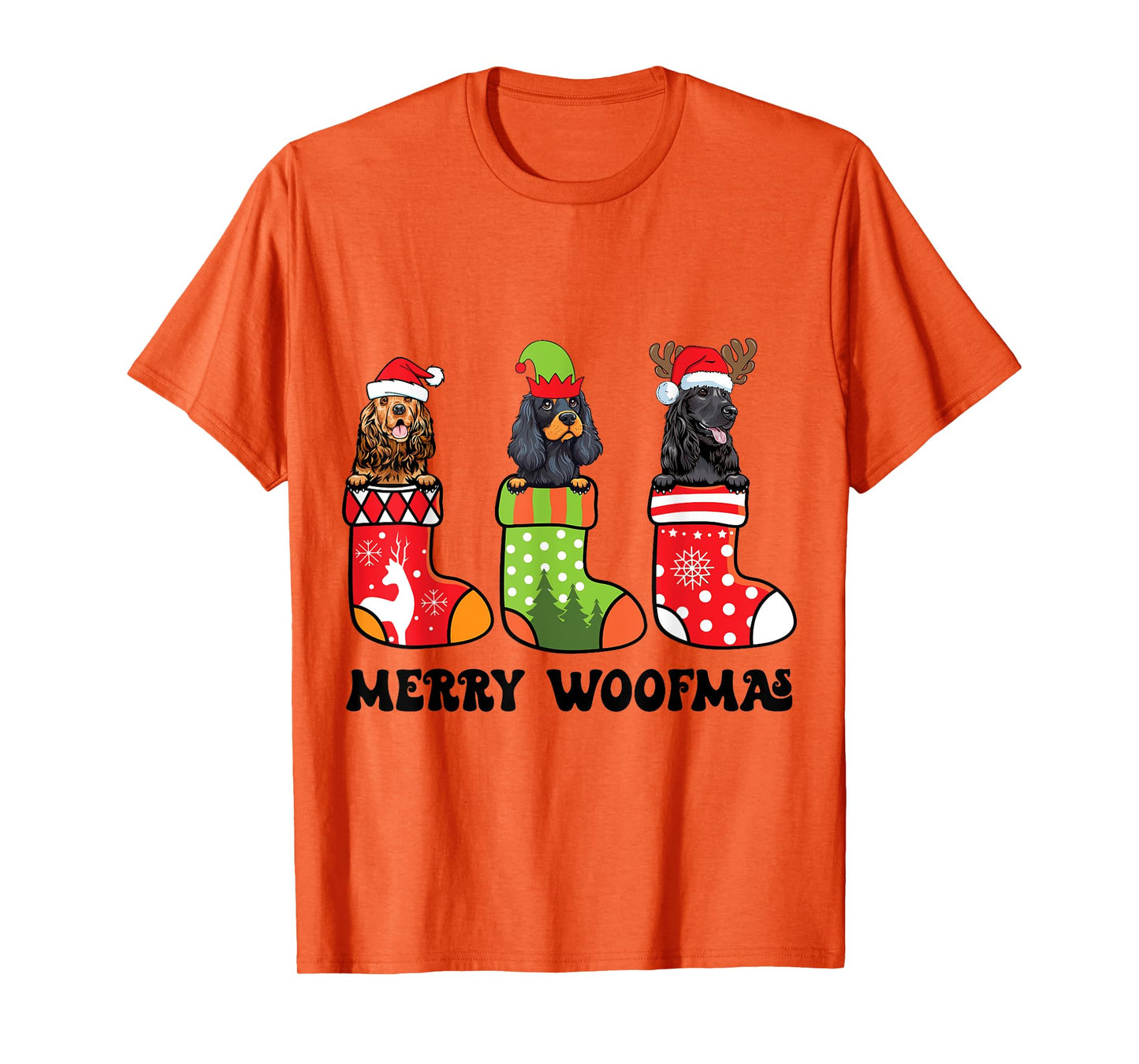 Cocker Spaniel Dogs With Reindeer Santa On Christmas Sock T-Shirt