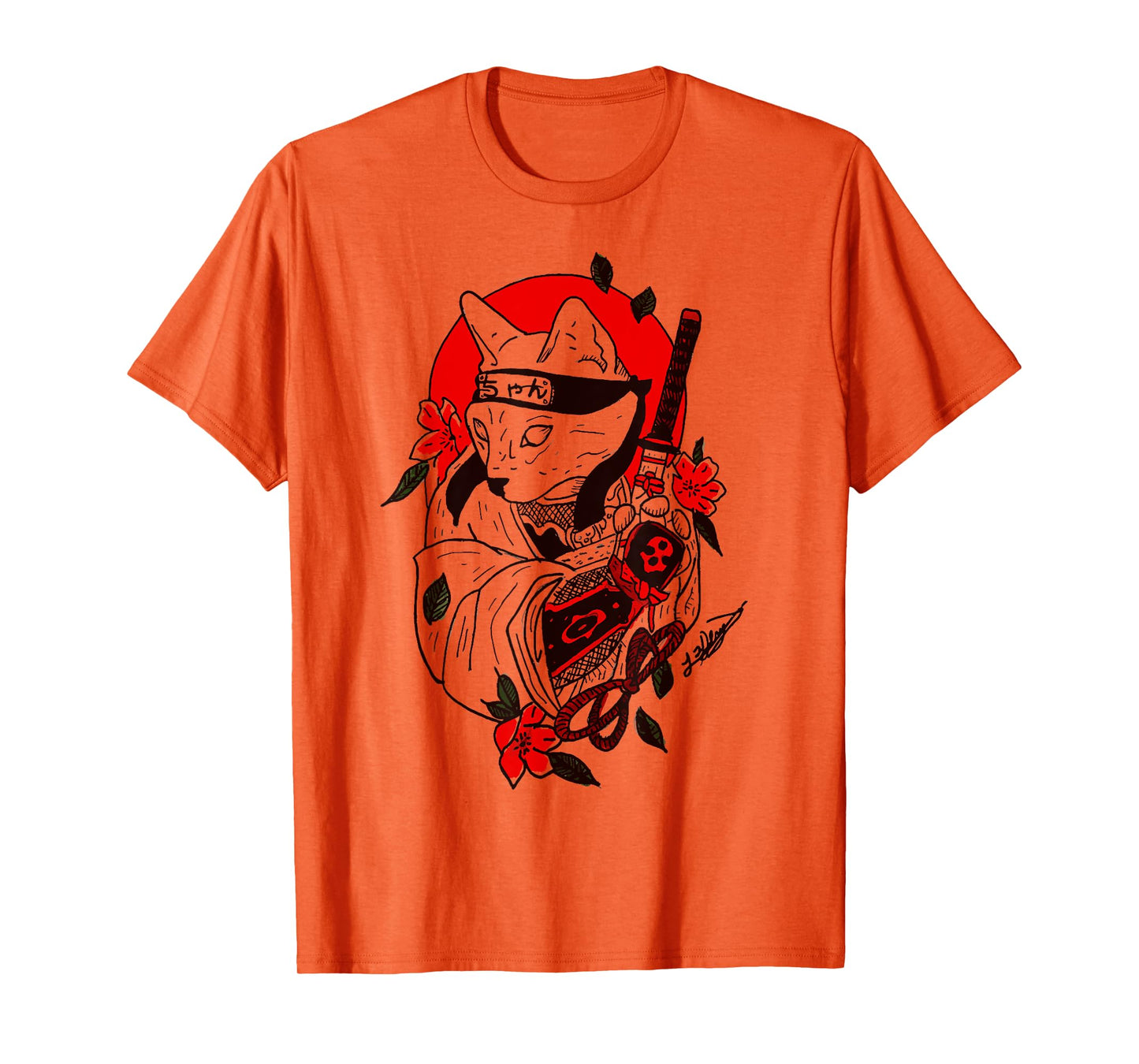 Japanese Samurai Cat Katana Ninja Kitty Tattoo Style T-Shirt