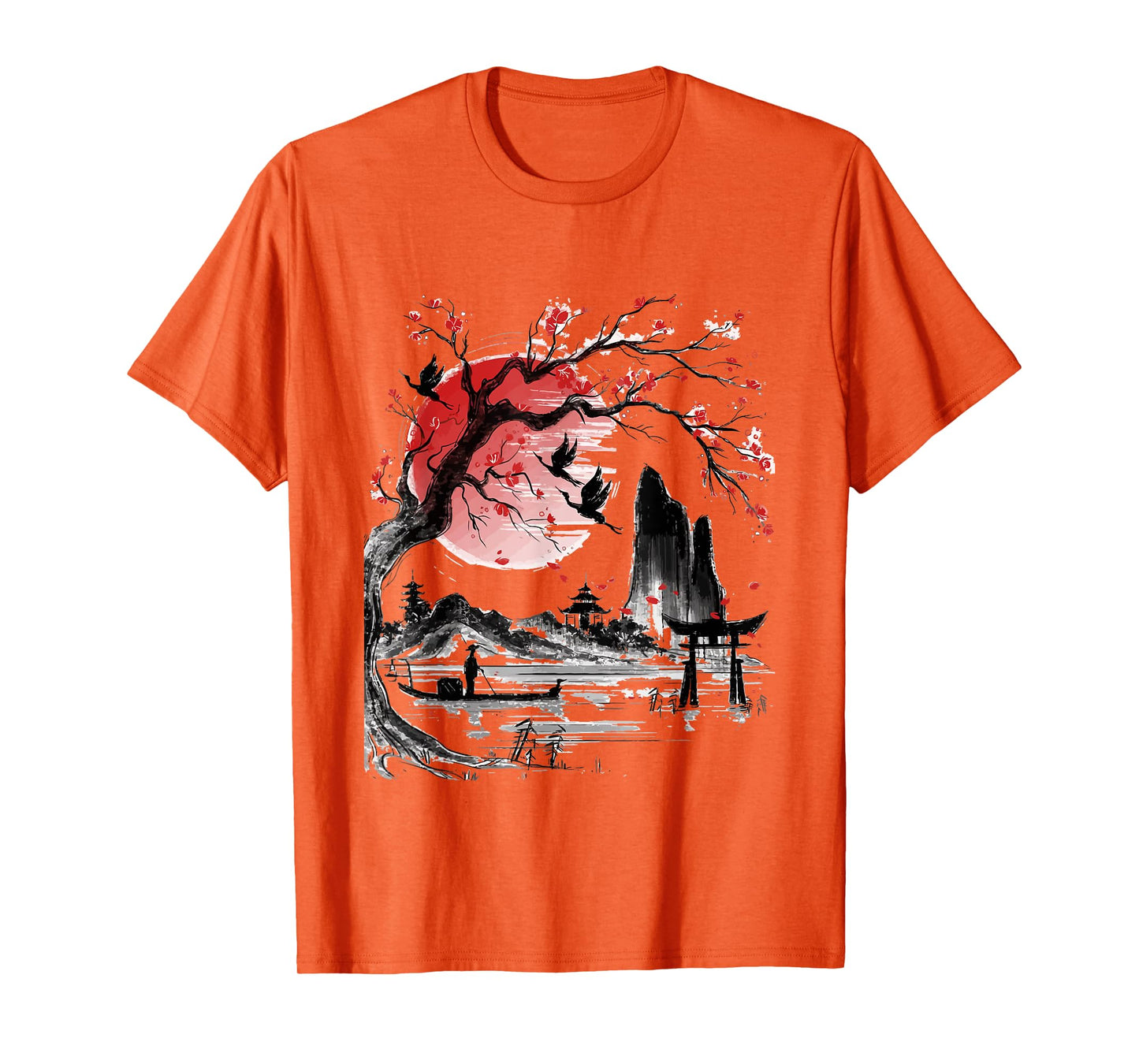 Japanese Tree Red Moon With Birds Flying in background T-Shirt
