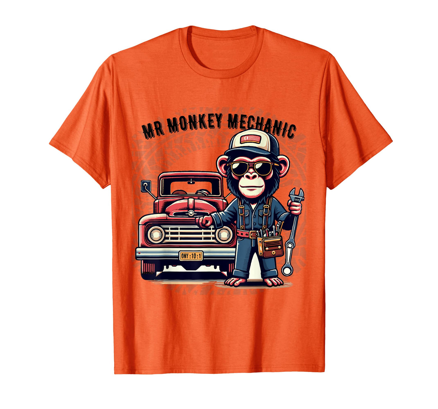 Mr Cute Monkey Mechanic Sunglasses Working on Vintage Truck T-Shirt